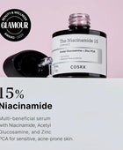 Cosrx Niacinamide 15 serum bottle with product details on a pink background