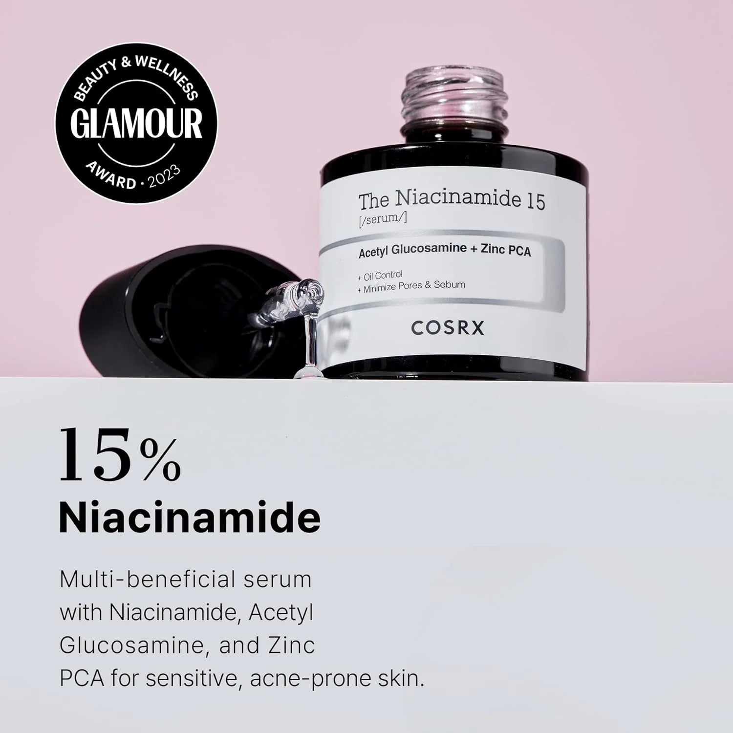 Cosrx Niacinamide 15 serum bottle with product details on a pink background