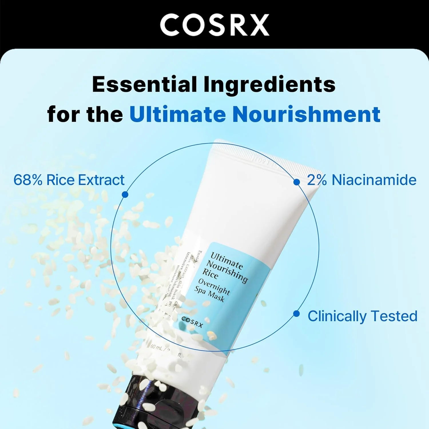 COSRX skincare product with rice extract and niacinamide on a blue background