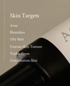 List of skin targets with a close-up of a skincare product on a beige background