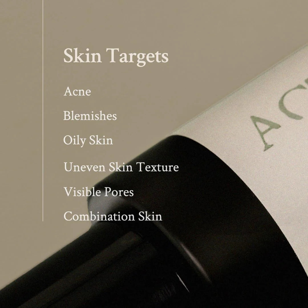 List of skin targets with a close-up of a skincare product on a beige background