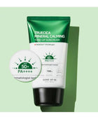Tube of Truecica Mineral Calming Tone-Up Suncream with a green and white design on a light green background