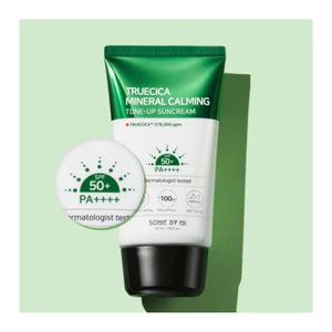 Tube of Truecica Mineral Calming Tone-Up Suncream with a green and white design on a light green background
