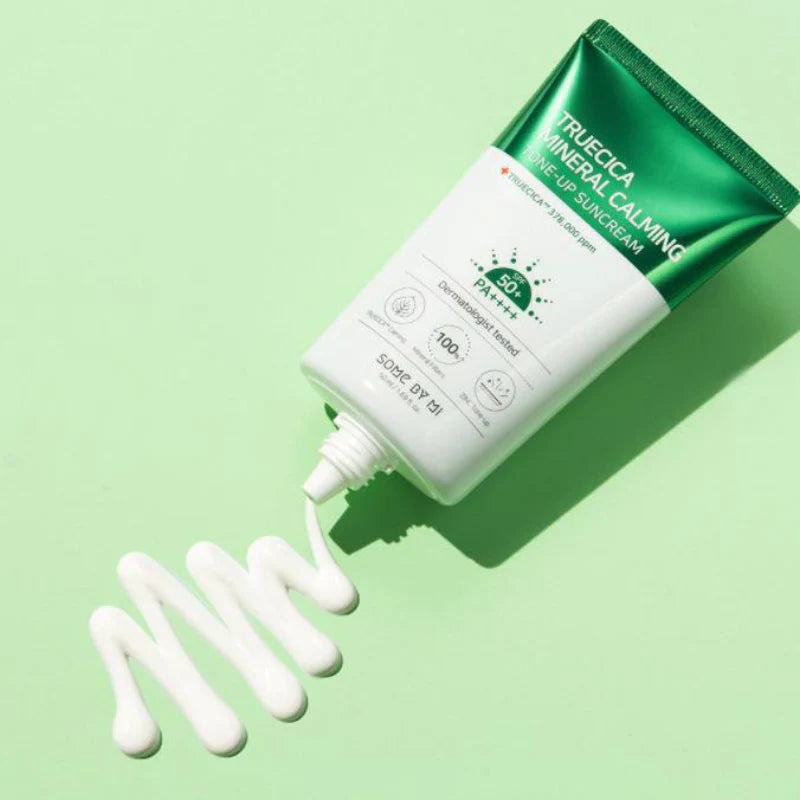 Truecica Mineral Calming Sunscreen on a green background