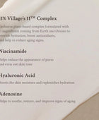 Text description of a skincare complex with ingredients and benefits on a beige background