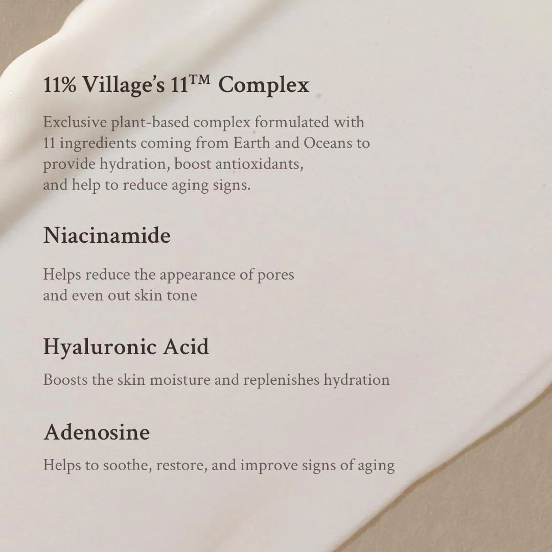 Text description of a skincare complex with ingredients and benefits on a beige background