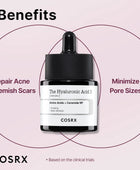 Cosrx skincare serum bottle with benefits text on a pink background
