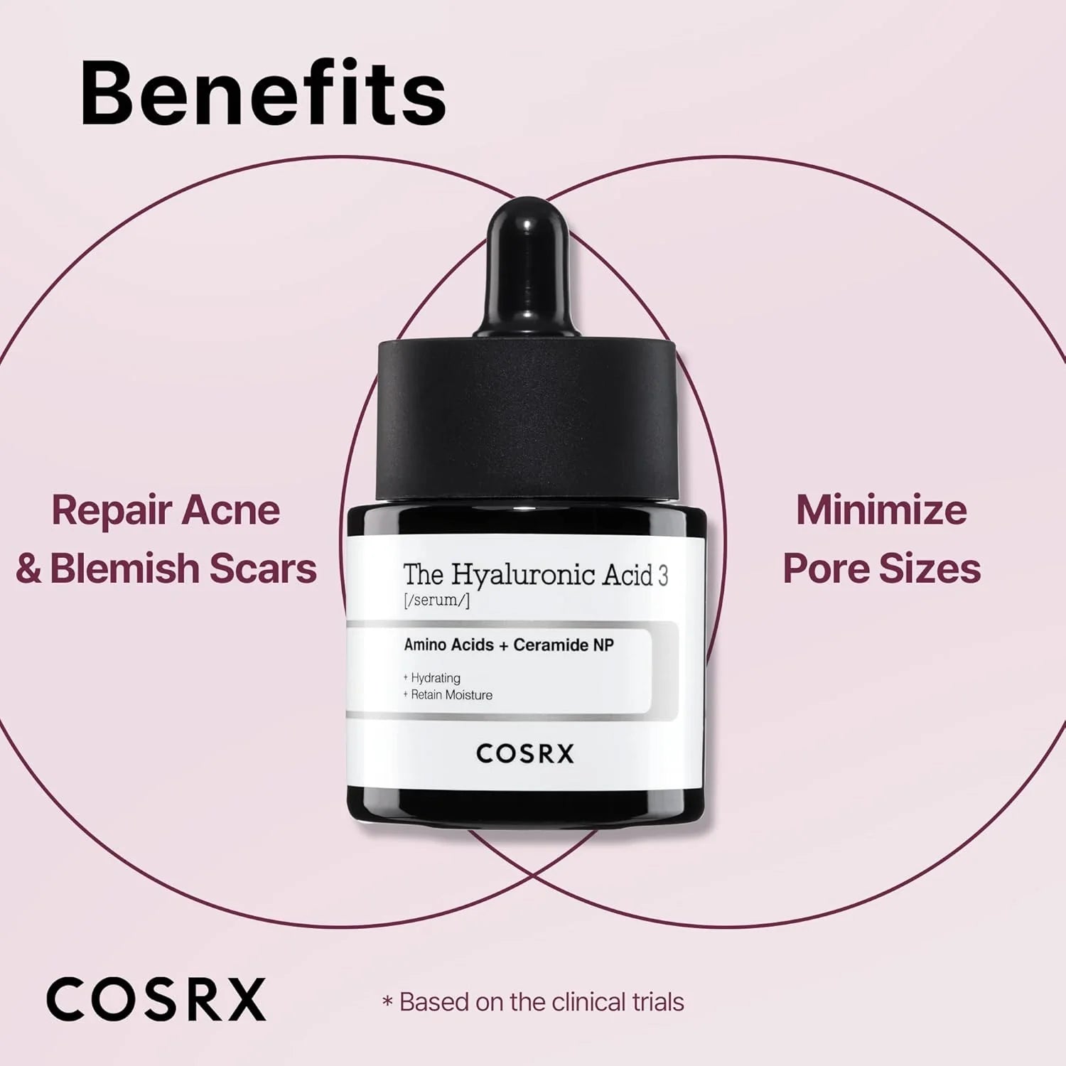 Cosrx skincare serum bottle with benefits text on a pink background