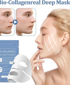 Bio-Collagen Real Deep Mask packaging with a woman's face showing before and after effects.