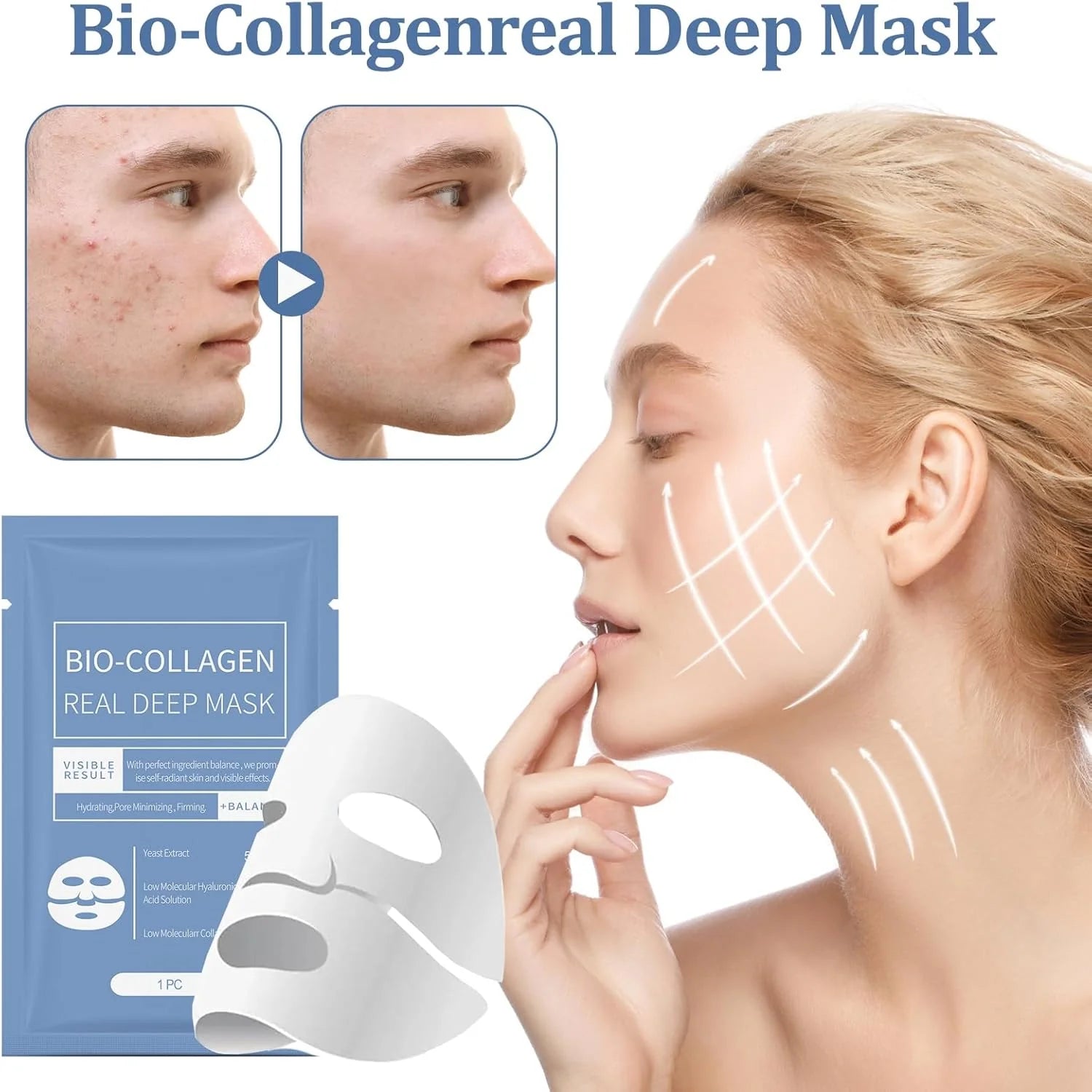 Bio-Collagen Real Deep Mask packaging with a woman's face showing before and after effects.