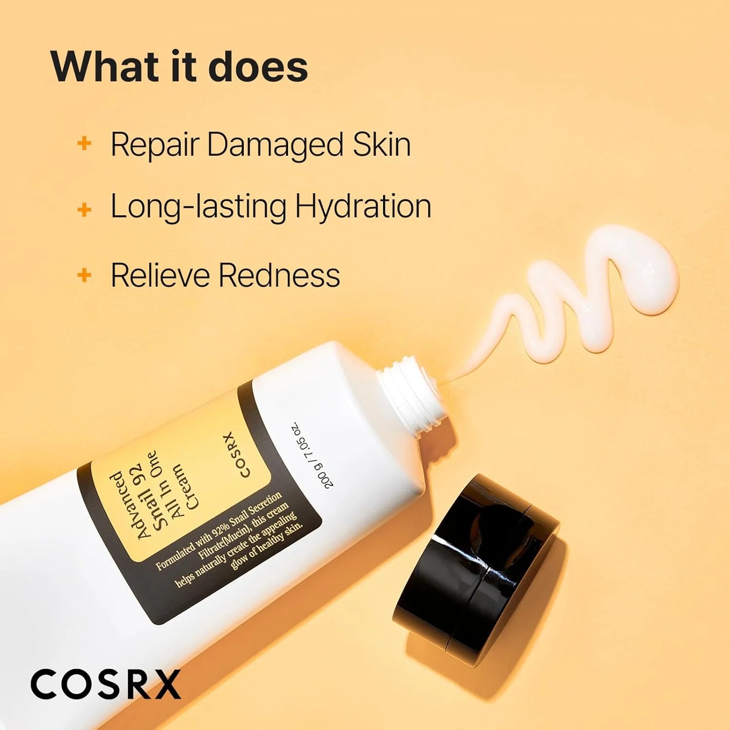 Cosrx skincare cream with features on a yellow background