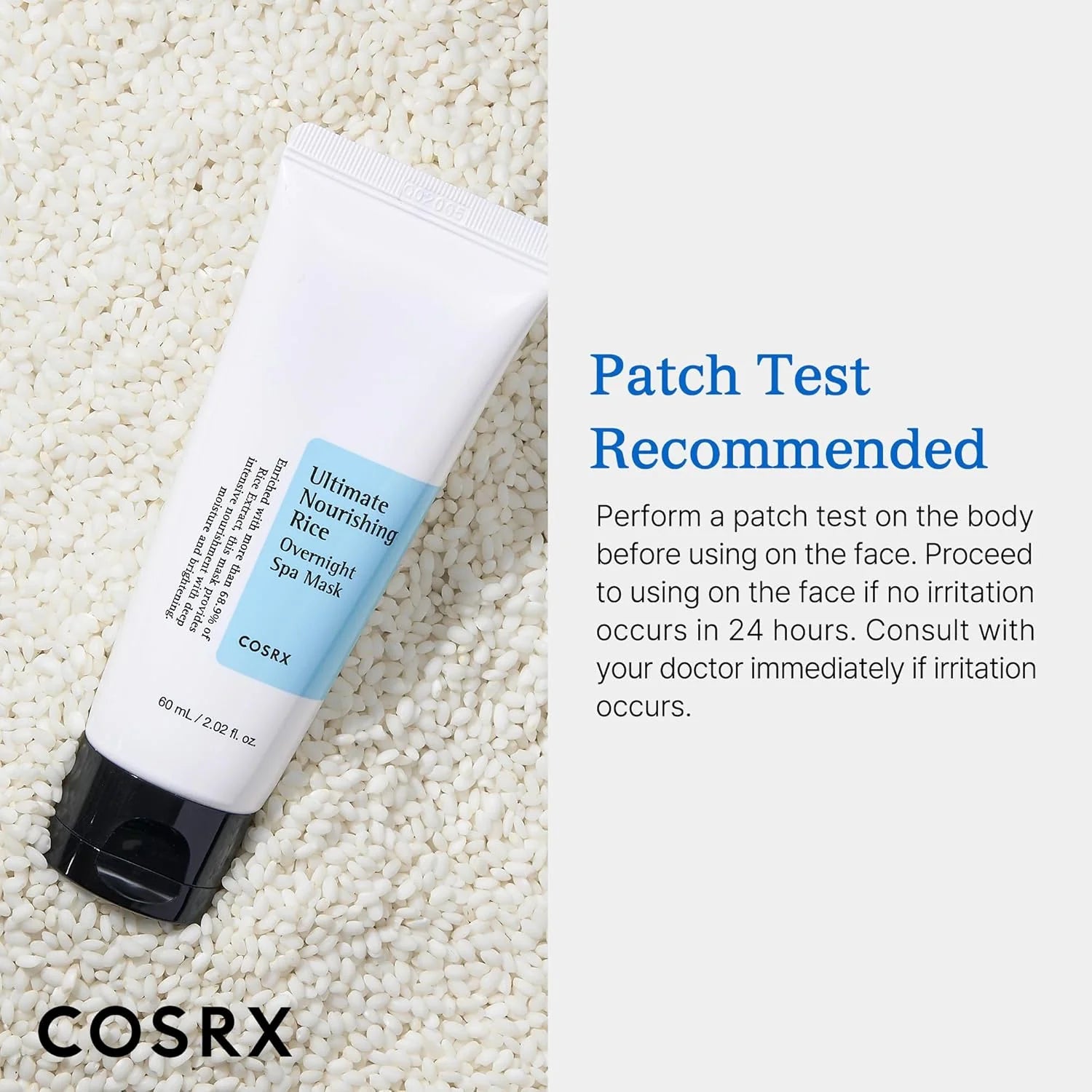 Cosrx skincare product on a textured white background with patch test instructions.