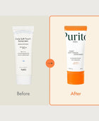 Before and after comparison of a Purito sunscreen tube on a beige background