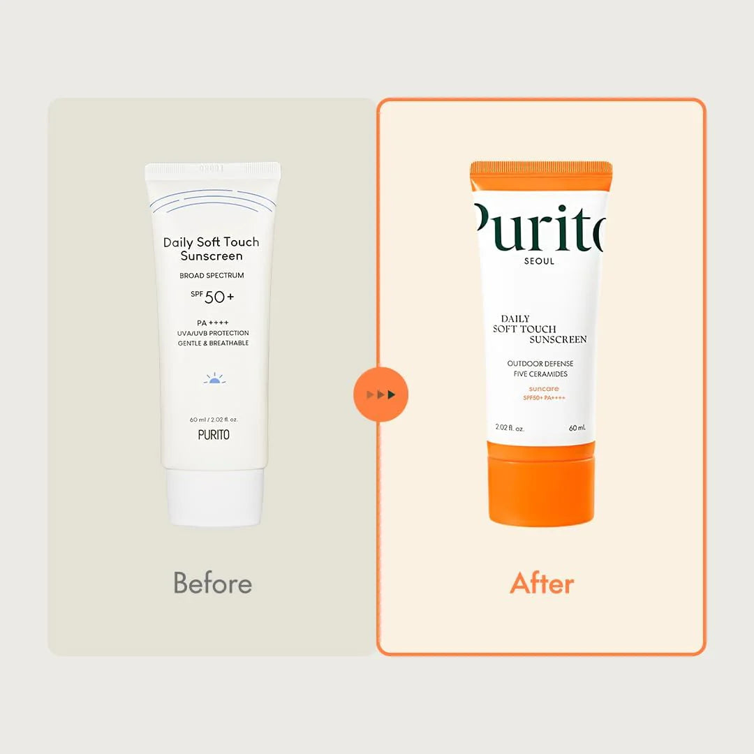 Before and after comparison of a Purito sunscreen tube on a beige background