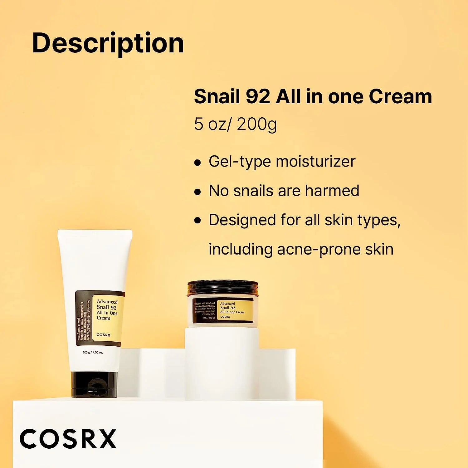 Cosrx Snail 92 All in one Cream packaging with product details on a yellow background