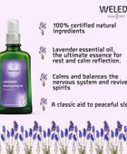 Weleda lavender essential oil bottle with product details on a white background