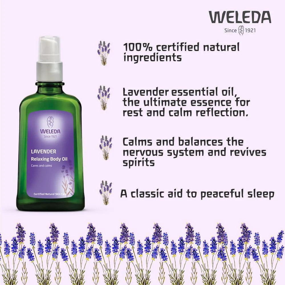 Weleda lavender essential oil bottle with product details on a white background
