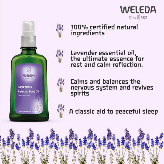 Weleda lavender essential oil bottle with product details on a white background