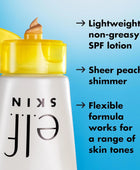 SPF lotion bottle with yellow cap and text on a blue background