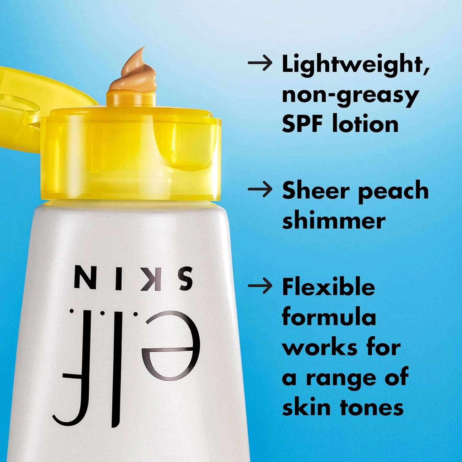SPF lotion bottle with yellow cap and text on a blue background