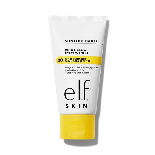 Tube of e.l.f. Suntouchable Whoa Glow sunscreen on a white background