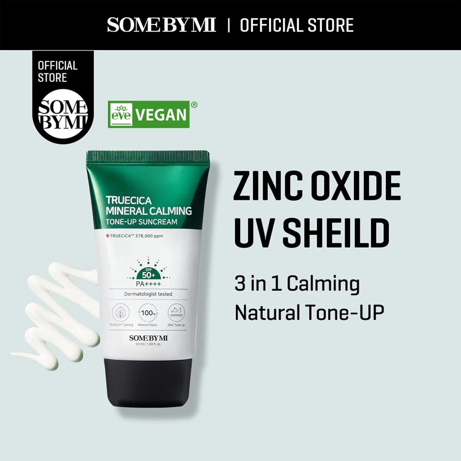 SOMEBYMI sunscreen tube with product details on a light gray background