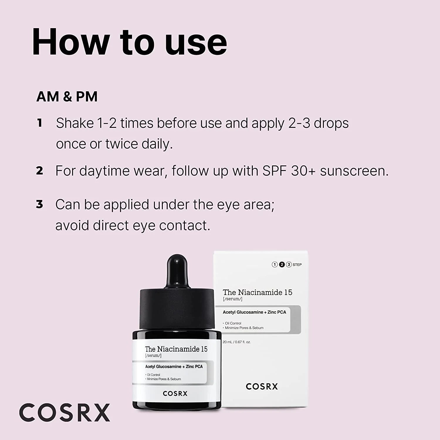 Cosrx skincare product with usage instructions on a pink background