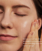Close-up of a person's face with text about skin hydration and protection.