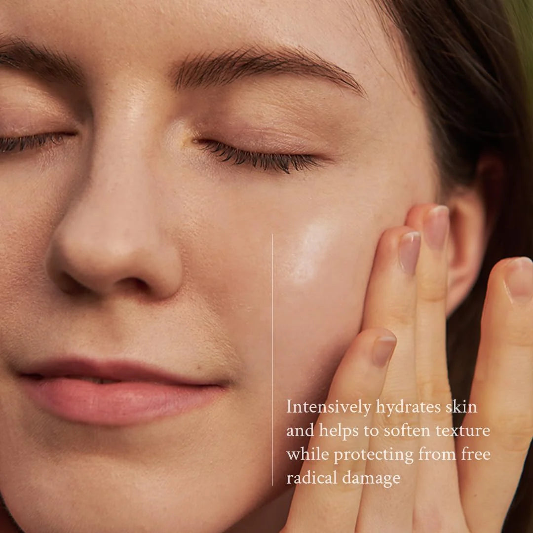 Close-up of a person's face with text about skin hydration and protection.