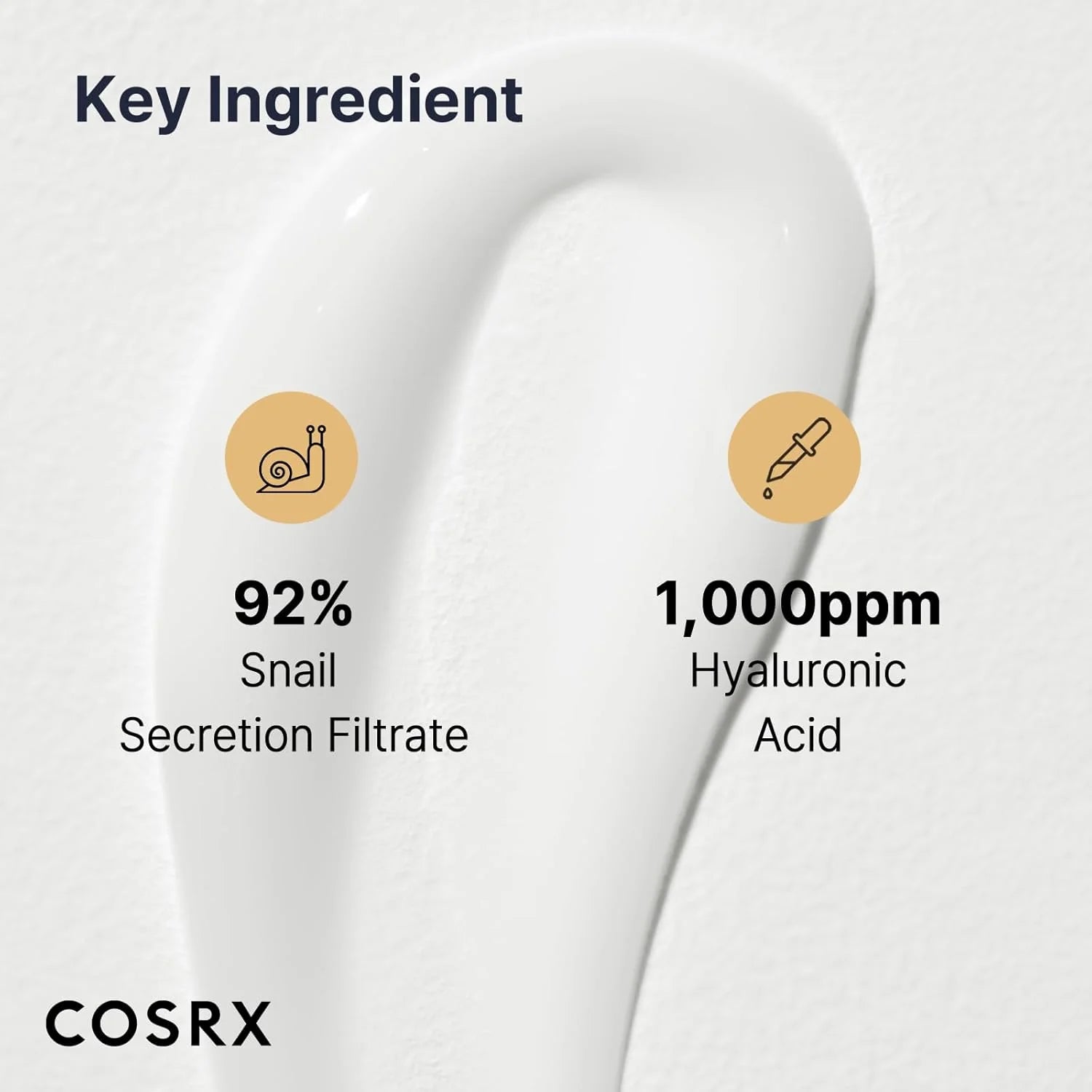 Cosrx skincare product with snail secretion filtrate and hyaluronic acid key ingredients on a white background