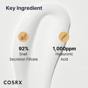 Cosrx skincare product with snail secretion filtrate and hyaluronic acid key ingredients on a white background