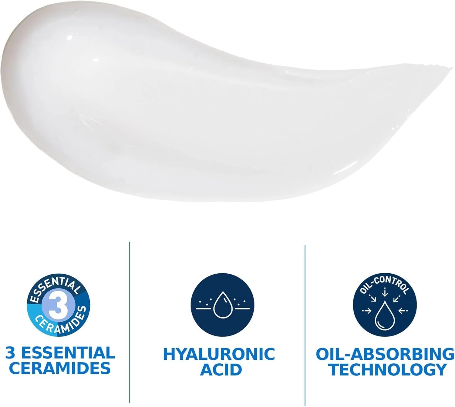 Product smear with '3 Essential Ceramides', 'Hyaluronic Acid', and 'Oil-Control' labels on a white background