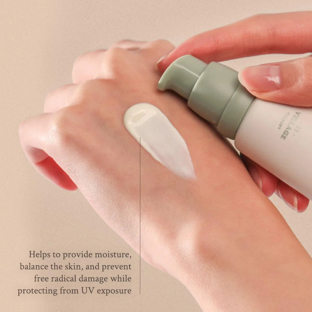 Hand applying a skincare product with text about skin benefits