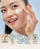 Woman applying cream to her face with product certification icons displayed.