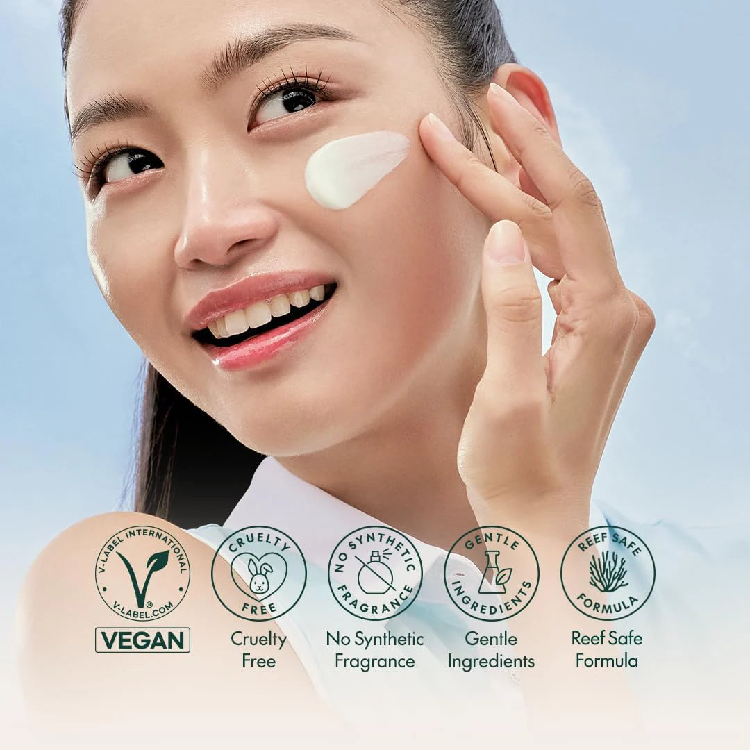 Woman applying cream to her face with product certification icons displayed.