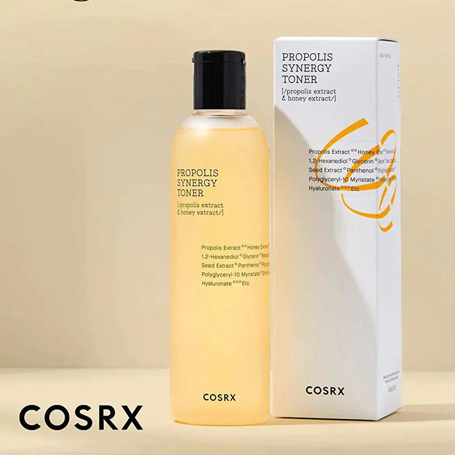 Cosrx Propolis Synergy Toner bottle and packaging on a beige background