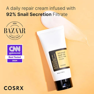 Cosrx cream tube with snail secretion filtrate on a beige background, featuring Bazaar and CNN logos.