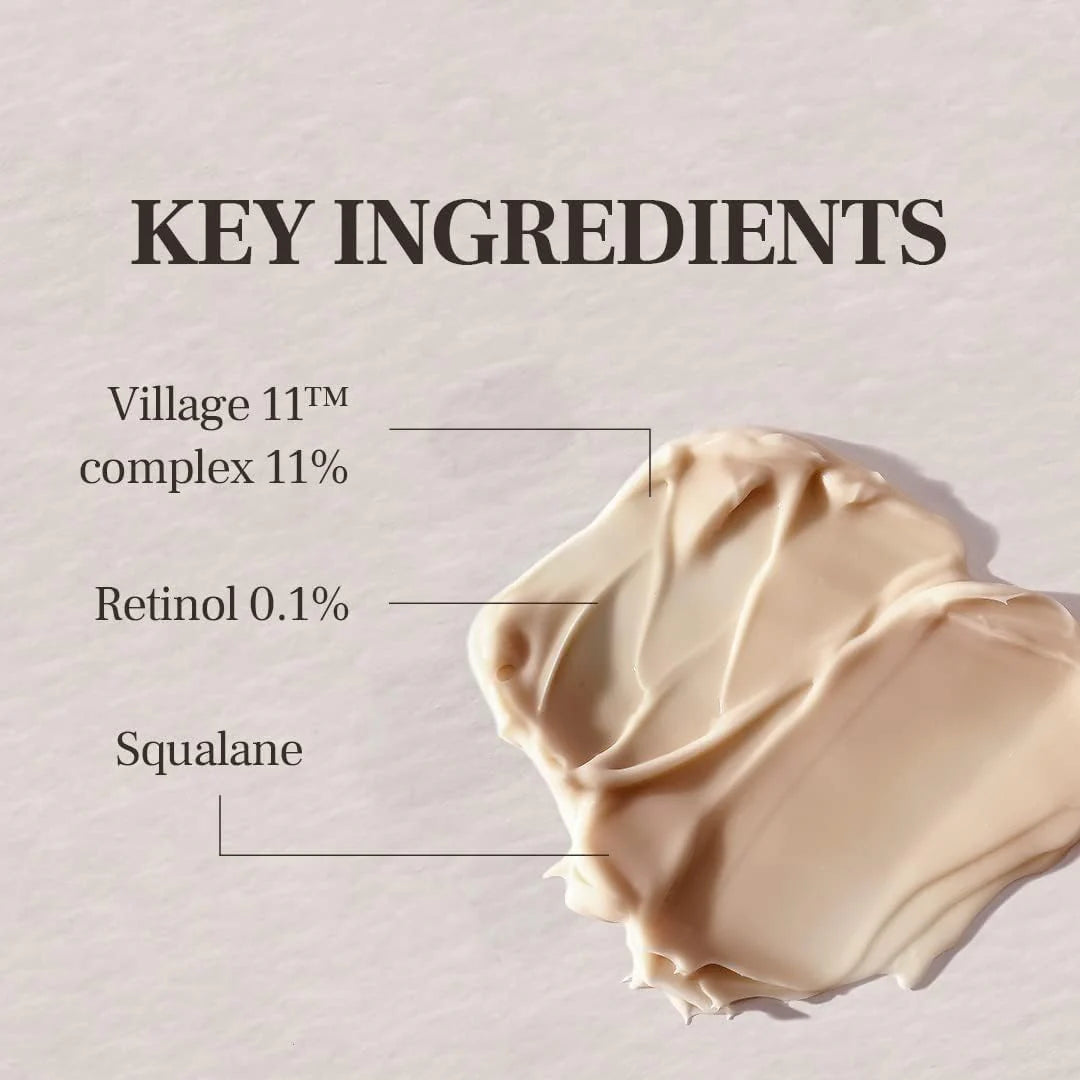 Skincare product with labeled key ingredients on a neutral background