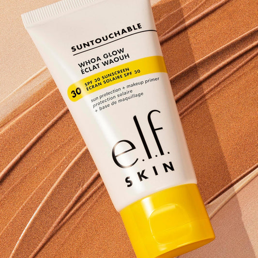 Tube of e.l.f. Skin sunscreen on a brown background