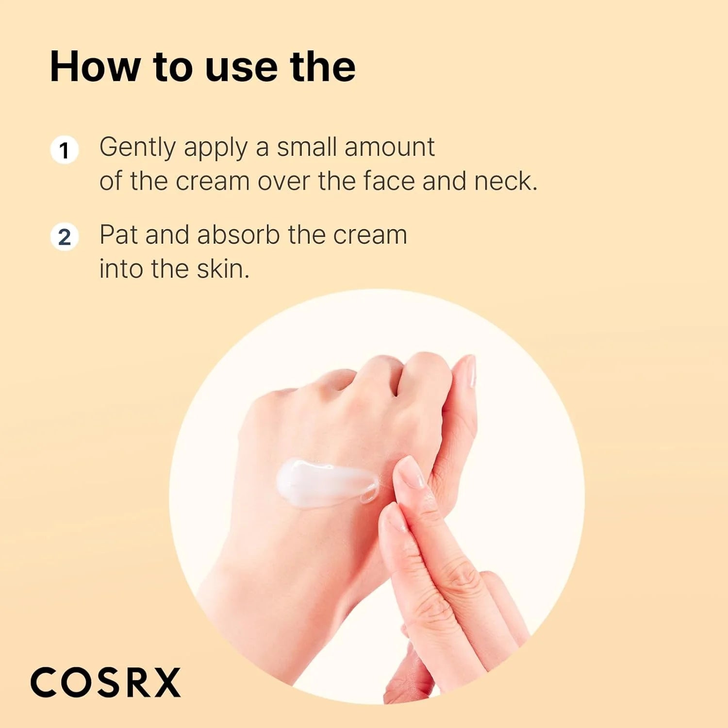 Cosrx cream application instructions with hands on a beige background