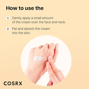 Cosrx cream application instructions with hands on a beige background