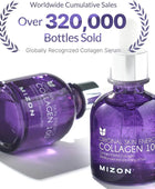 Purple Mizon collagen serum bottle with text about sales and recognition on a white background