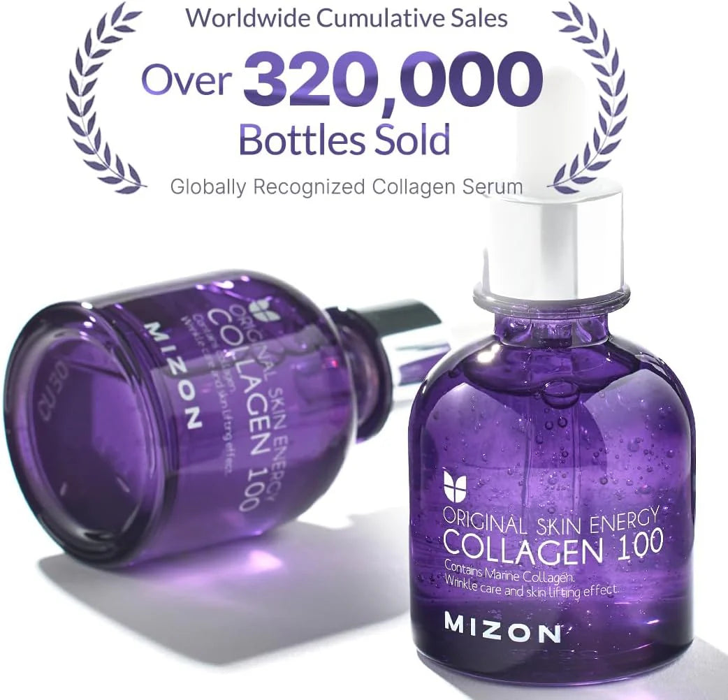 Purple Mizon collagen serum bottle with text about sales and recognition on a white background