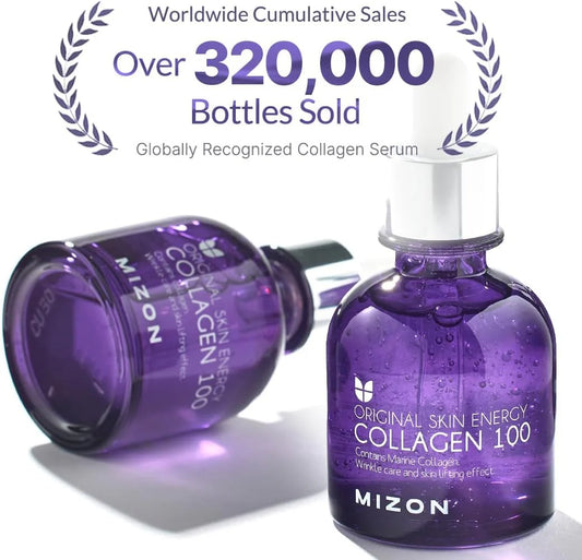 Purple Mizon collagen serum bottle with text about sales and recognition on a white background