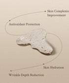 Skincare product with benefits labeled on a beige background