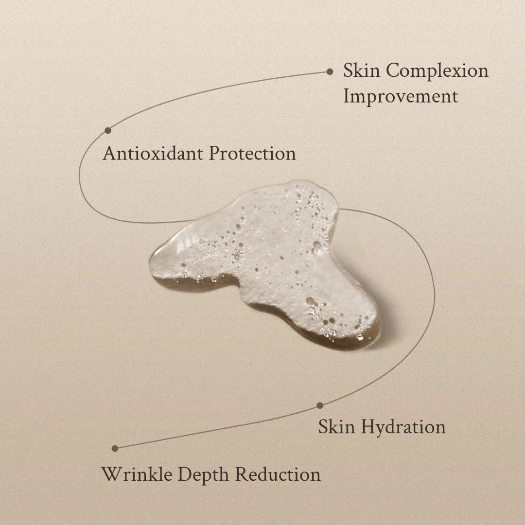 Skincare product with benefits labeled on a beige background