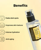 Cosme Advanced Spail 96 Macin Power Essence bottle with benefits listed on a beige background