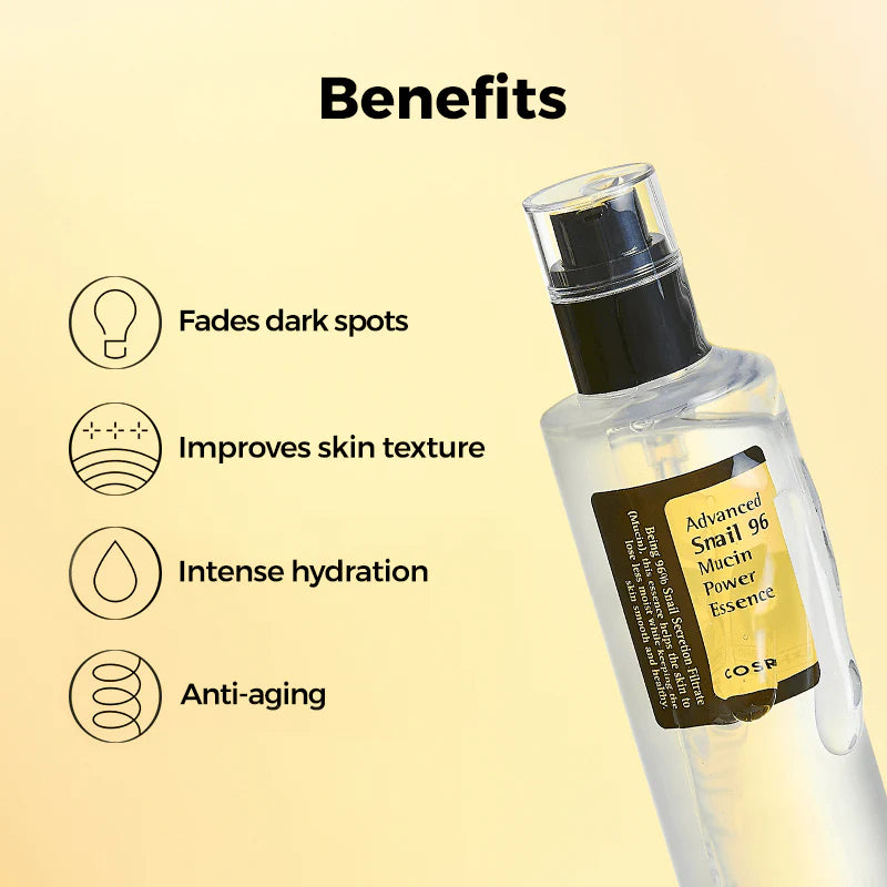 Cosme Advanced Spail 96 Macin Power Essence bottle with benefits listed on a beige background