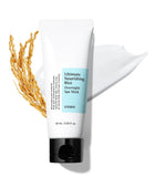 Cosrx leave-on overnight rice mask on a blue background with text highlighting benefits.