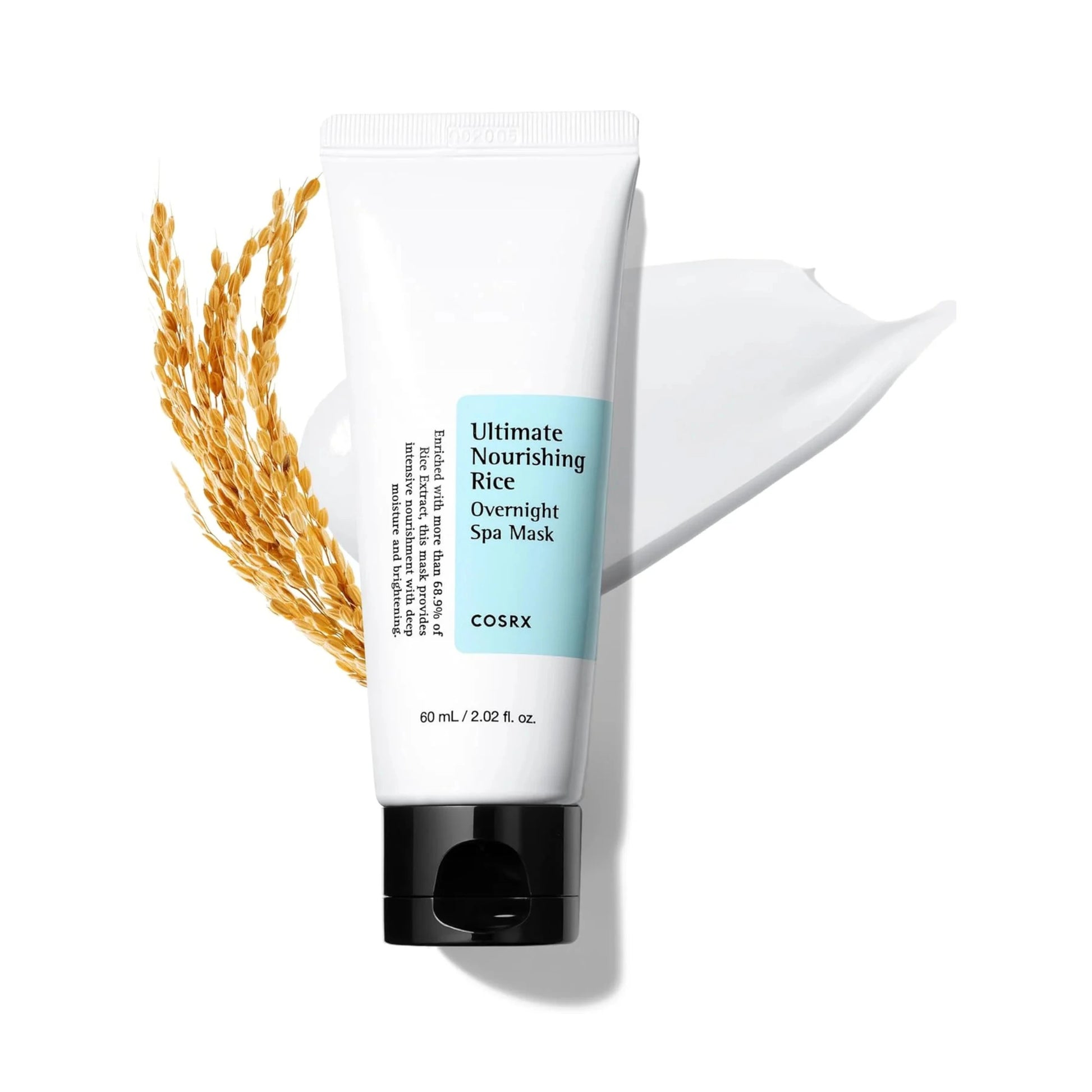 Cosrx leave-on overnight rice mask on a blue background with text highlighting benefits.